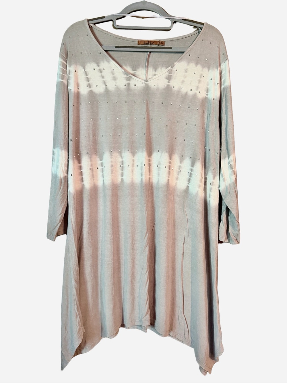 Belldini Taupe/Tan Tie-Dye V-Neck Tunic Top with Stud Detail
